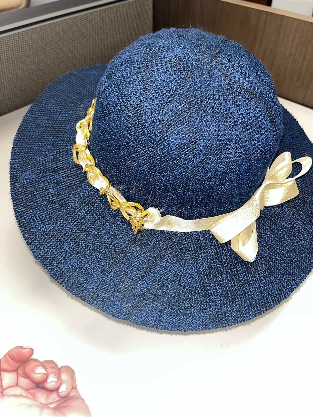 Marcus Adler Women’s Navy Straw like Wide-Brim Hat Gold Chain Trim